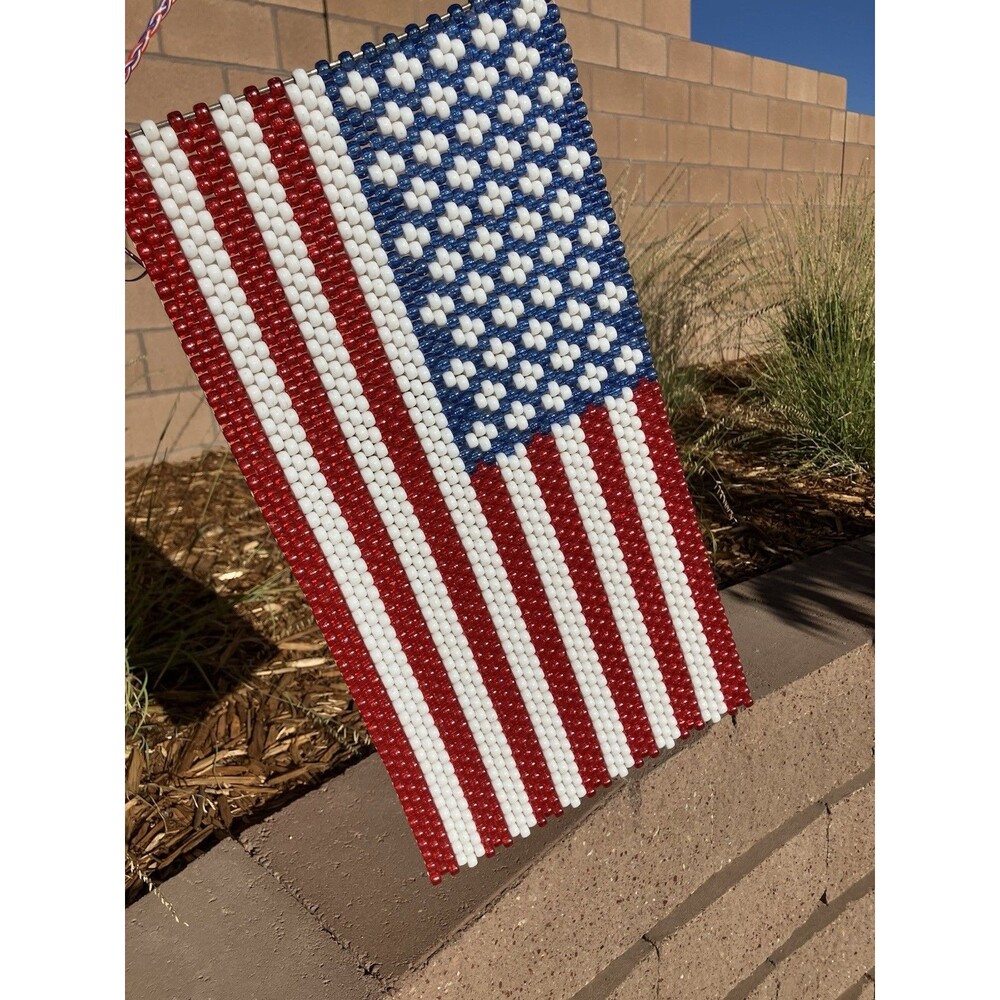 Handmade Beaded American Flag Hanging Banner 17”x9.5” Patriotic Decor